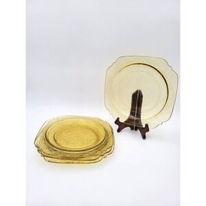 Vtg  EAPG 4 Federal Glass MADRID Amber LUNCHEON or small dinner Plates 9" AS-IS